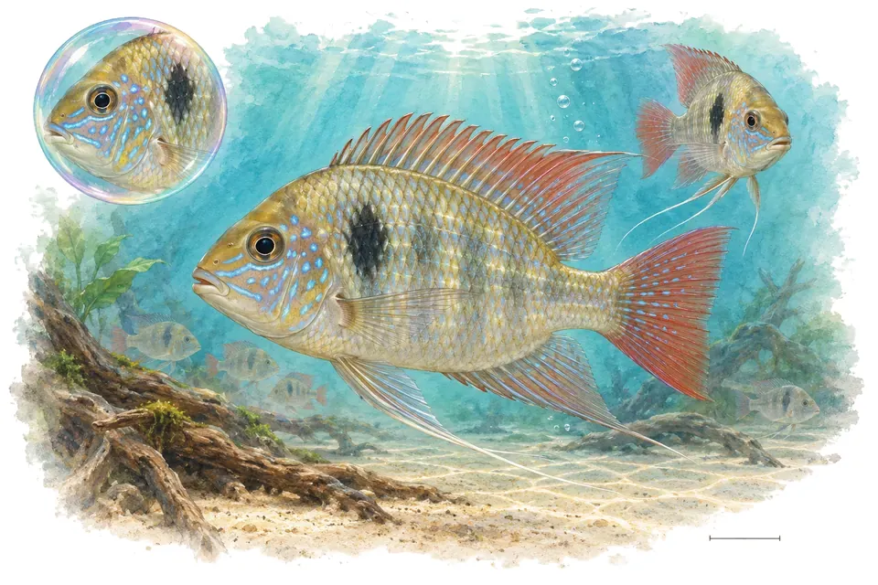 Aquarelle : Acara de Heckel (Acarichthys heckelii) dans une eau turquoise lumineuse, avec une vue de trois quarts et un détail dans une bulle.