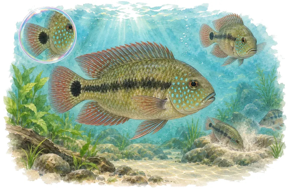 Aquarelle : Acara du Meta (Aequidens metae) dans une eau turquoise lumineuse, avec une vue de trois quarts et un détail dans une bulle.