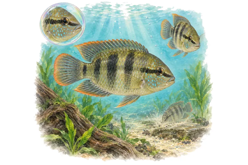 Aquarelle : Acara à quatre taches (Aequidens tetramerus) dans une eau turquoise lumineuse, avec une vue de trois quarts et un détail dans une bulle.