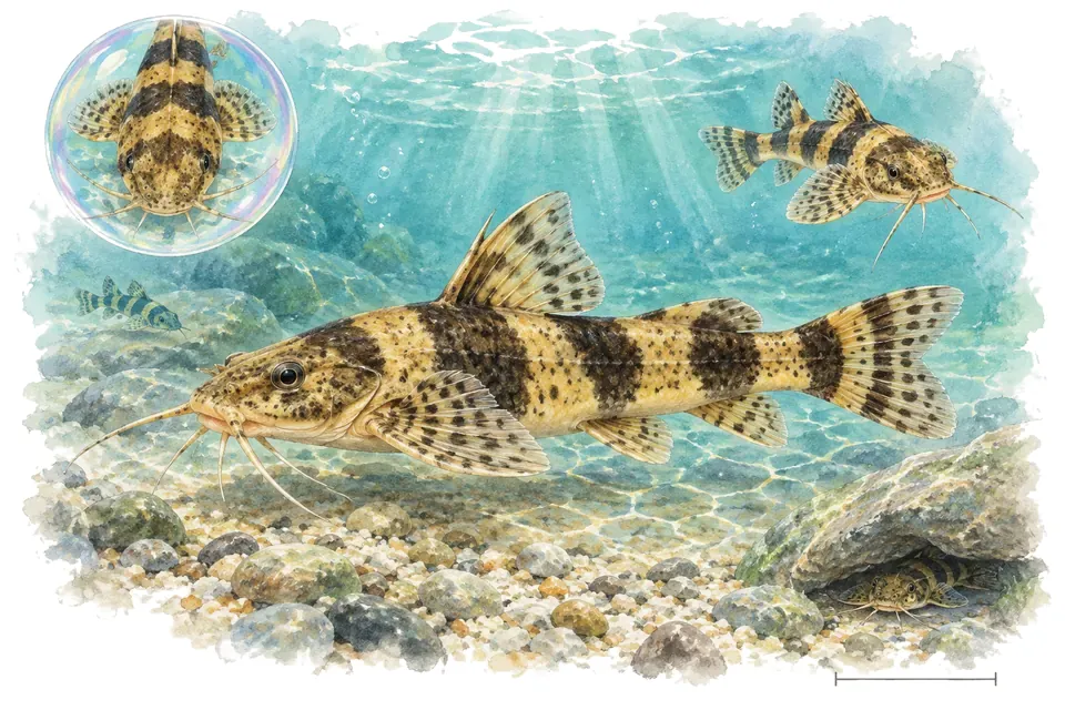 Aquarelle : Akysis vespa (Akysis vespa) dans une eau turquoise lumineuse, avec une vue de trois quarts et un détail dans une bulle.