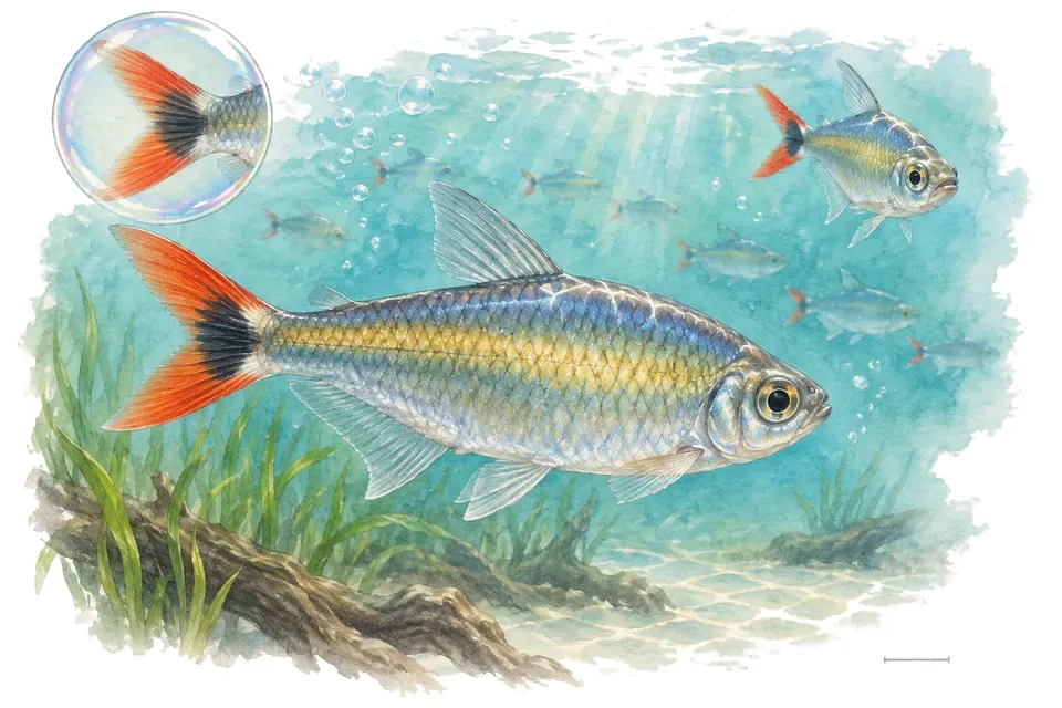 Aquarelle : Tétra du Congo à queue jaune (Alestopetersius caudalis) dans une eau turquoise lumineuse, avec une vue de trois quarts et un détail dans une bulle.