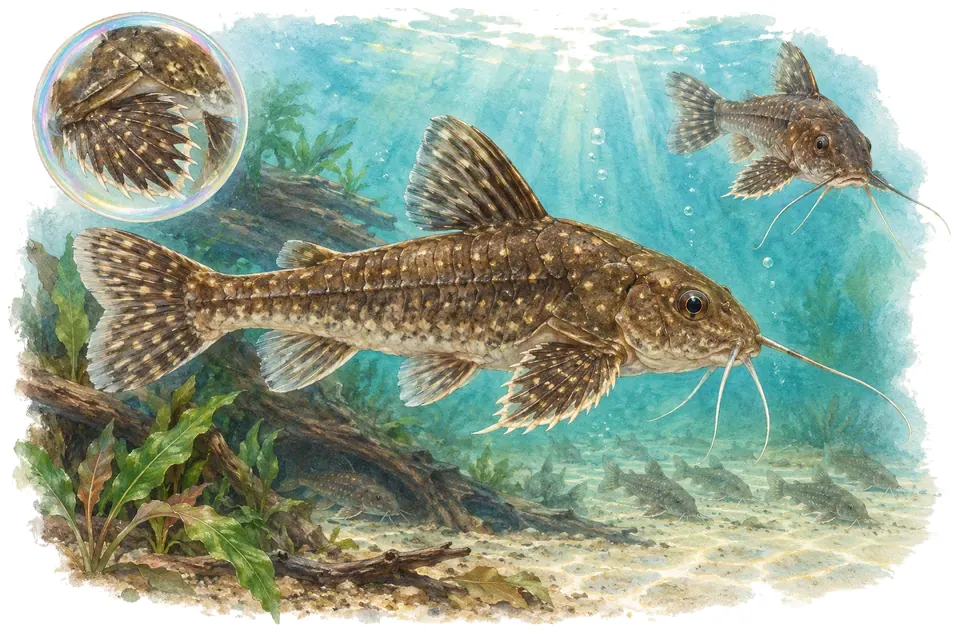 Aquarelle : Amblydoras nauticus (Amblydoras nauticus) dans une eau turquoise lumineuse, avec une vue de trois quarts et un détail dans une bulle.