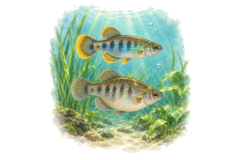 Aquarelle : Améca, mâle et femelle l'un au-dessus de l'autre dans une eau turquoise.