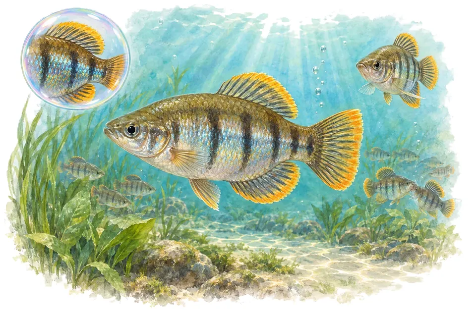 Aquarelle : Améca (Ameca splendens) dans une eau turquoise lumineuse, avec une vue de trois quarts et un détail dans une bulle.