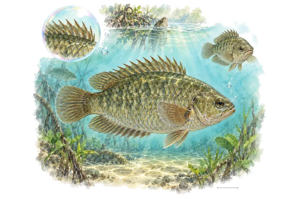 Aquarelle : Perche grimpeuse (Anabas testudineus) dans une eau turquoise lumineuse, avec une vue de trois quarts et un détail dans une bulle.
