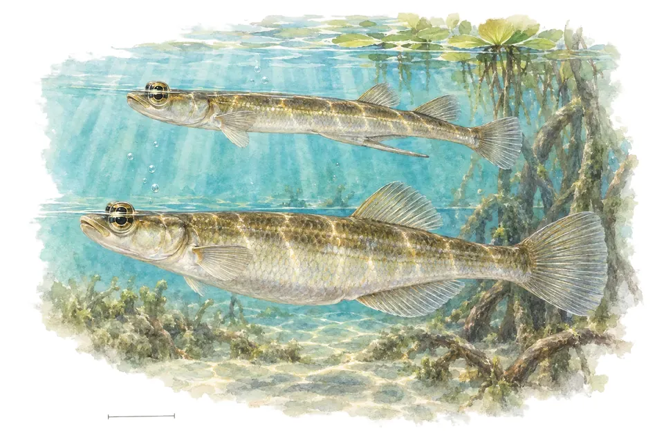 Aquarelle : Anableps, mâle et femelle l'un au-dessus de l'autre dans une eau turquoise.