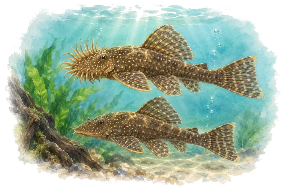 Aquarelle : Ancistrus commun, mâle et femelle l'un au-dessus de l'autre dans une eau turquoise.