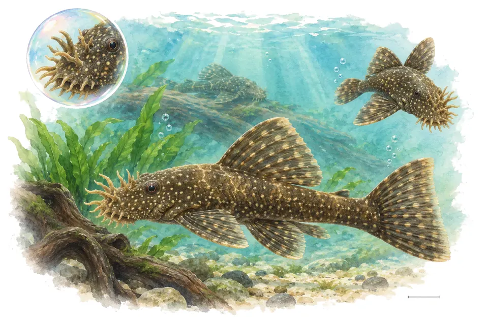 Aquarelle : Ancistrus commun (Ancistrus cirrhosus) dans une eau turquoise lumineuse, avec une vue de trois quarts et un détail dans une bulle.