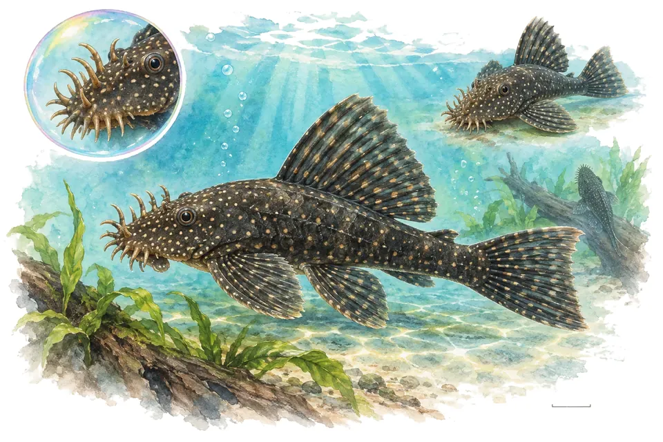 Aquarelle : Ancistrus bleu (Ancistrus dolichopterus) dans une eau turquoise lumineuse, avec une vue de trois quarts et un détail dans une bulle.