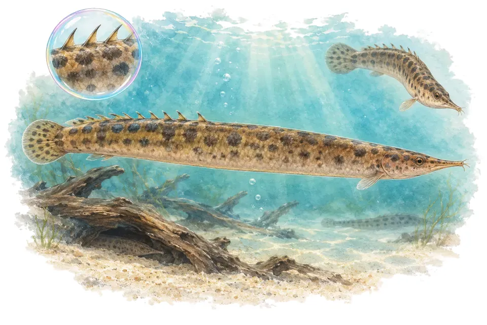 Aquarelle : Anguille épineuse à taches noires (Macrognathus aculeatus) dans une eau turquoise lumineuse, avec une vue de trois quarts et un détail dans une bulle.