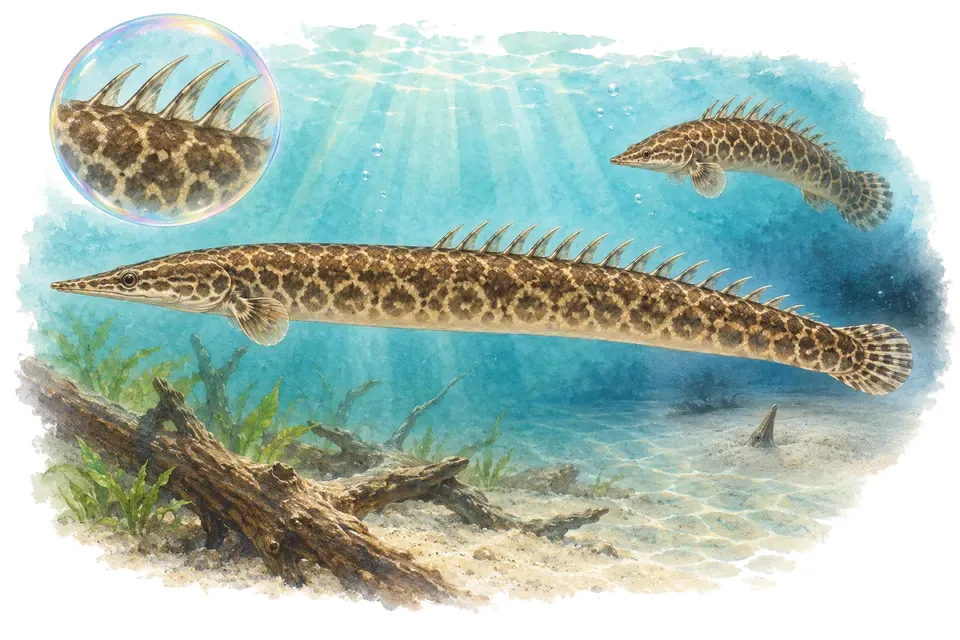 Aquarelle : Anguille épineuse géante (Mastacembelus armatus) dans une eau turquoise lumineuse, avec une vue de trois quarts et un détail dans une bulle.