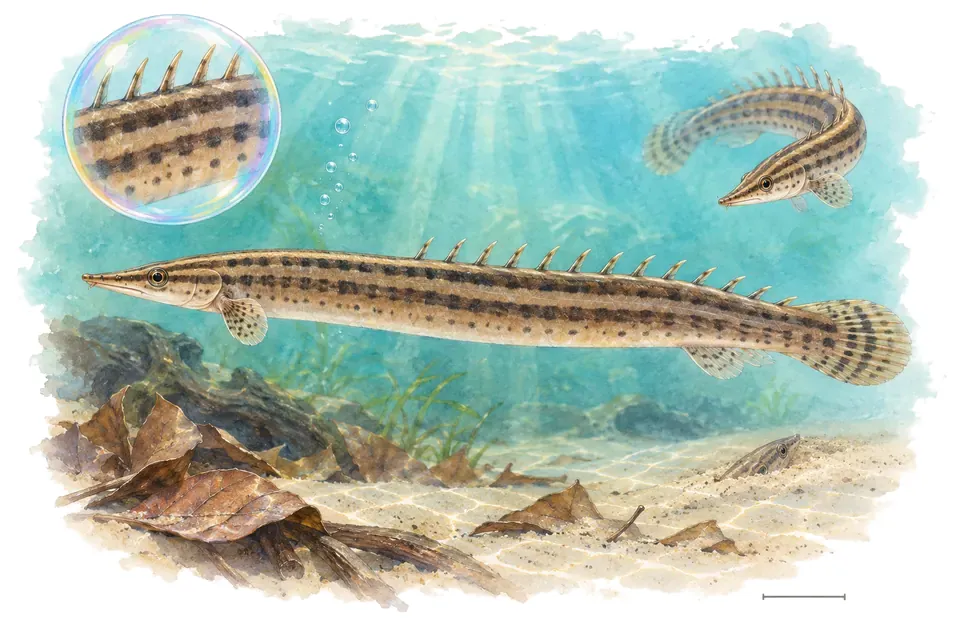 Aquarelle : Anguille épineuse rayée (Macrognathus pancalus) dans une eau turquoise lumineuse, avec une vue de trois quarts et un détail dans une bulle.