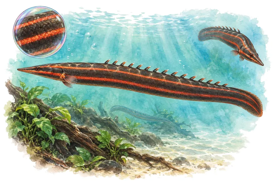 Aquarelle : Anguille épineuse rouge (Mastacembelus erythrotaenia) dans une eau turquoise lumineuse, avec une vue de trois quarts et un détail dans une bulle.