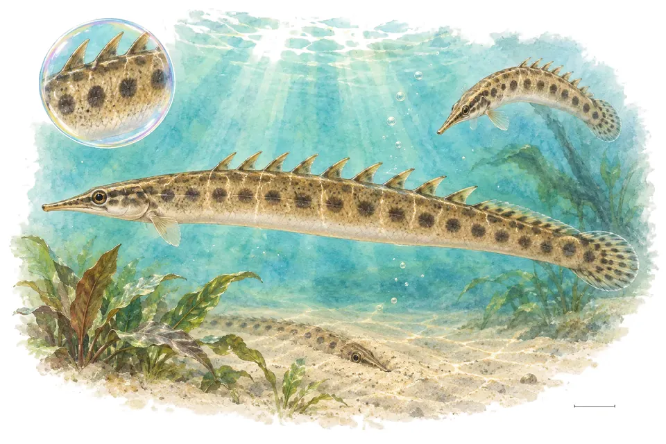 Aquarelle : Anguille épineuse tachetée (Macrognathus siamensis) dans une eau turquoise lumineuse, avec une vue de trois quarts et un détail dans une bulle.
