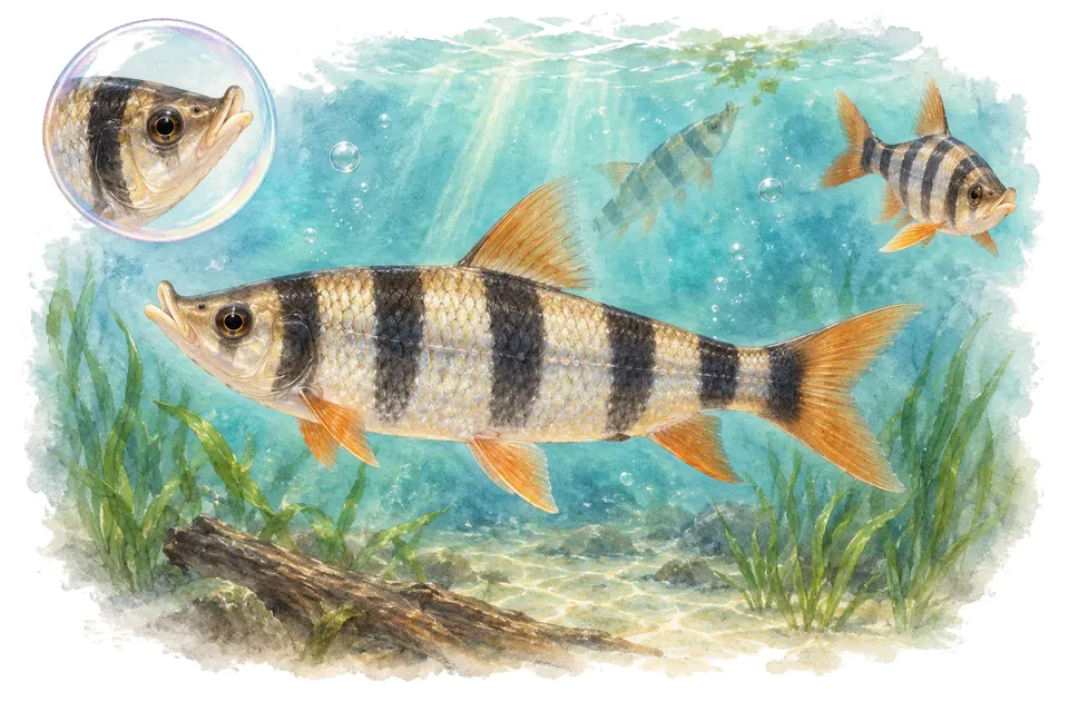 Aquarelle : Anostome à bandes (Anostomus ternetzi) dans une eau turquoise lumineuse, avec une vue de trois quarts et un détail dans une bulle.