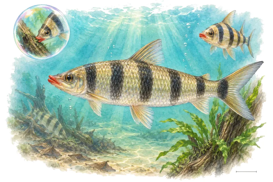 Aquarelle : Anostome à bouche rouge (Anostomus anostomus) dans une eau turquoise lumineuse, avec une vue de trois quarts et un détail dans une bulle.