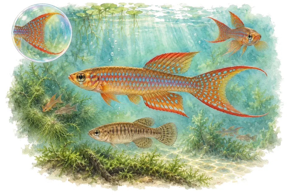 Aquarelle : Cap-lopez (Aphyosemion australe) dans une eau turquoise lumineuse, avec une vue de trois quarts et un détail dans une bulle.