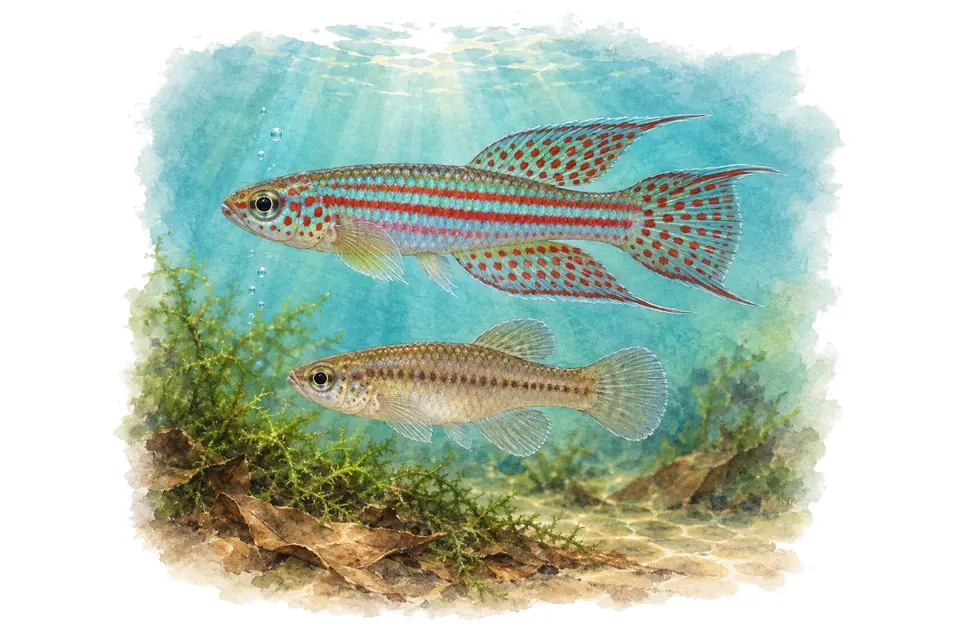 Aquarelle : Aphyosémion strié, mâle et femelle l'un au-dessus de l'autre dans une eau turquoise.