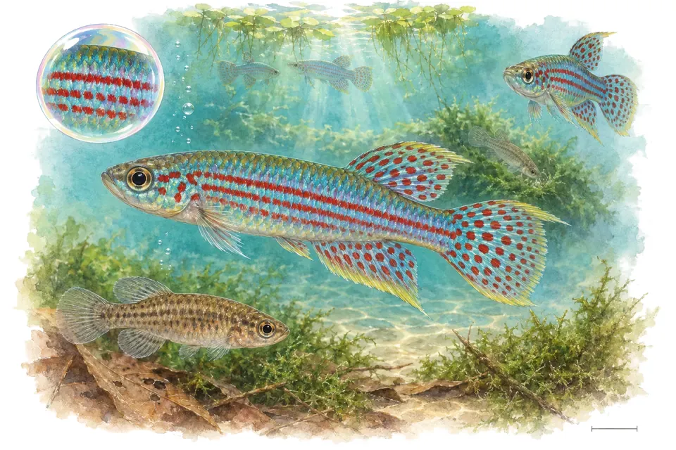 Aquarelle : Aphyosémion strié (Aphyosemion striatum) dans une eau turquoise lumineuse, avec une vue de trois quarts et un détail dans une bulle.