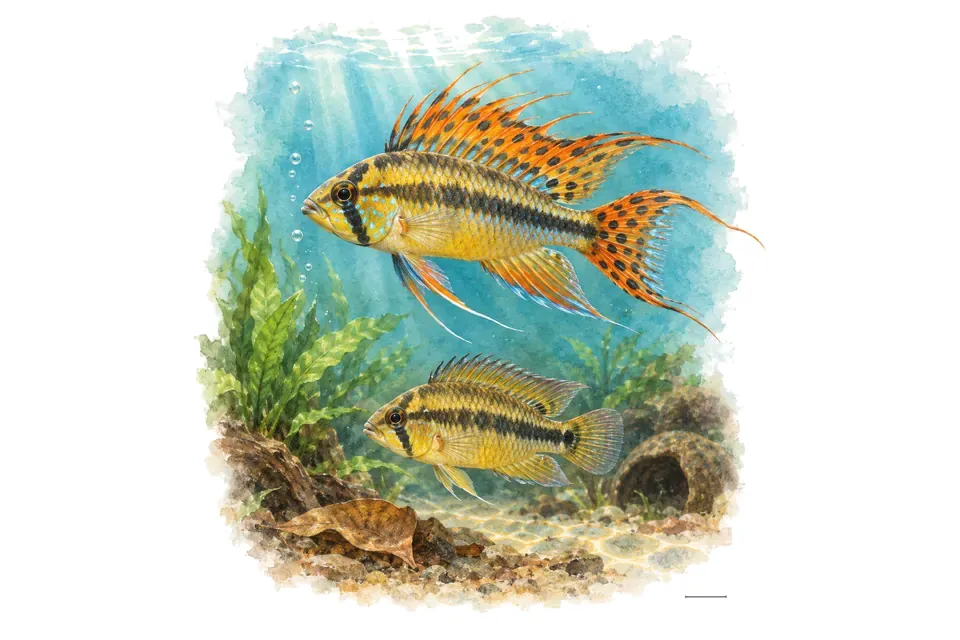 Aquarelle : Apistogramma cacatoès, mâle et femelle l'un au-dessus de l'autre dans une eau turquoise.