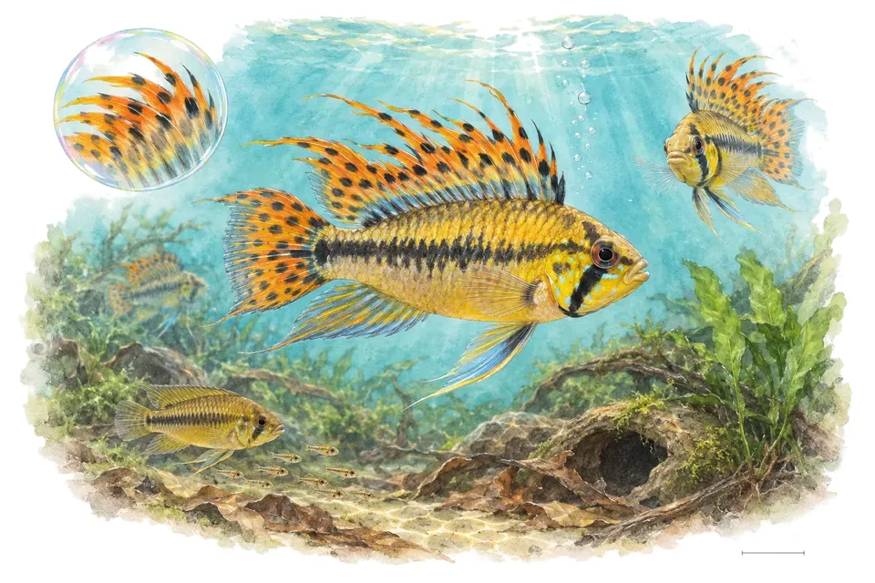 Aquarelle : Apistogramma cacatoès (Apistogramma cacatuoides) dans une eau turquoise lumineuse, avec une vue de trois quarts et un détail dans une bulle.