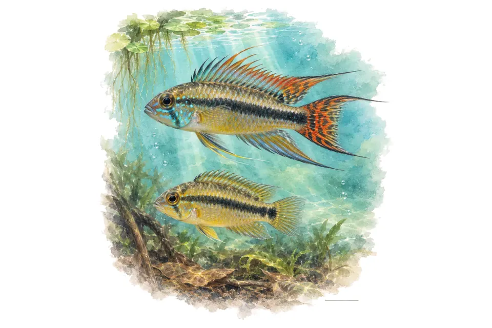 Aquarelle : Apistogramma d’Agassiz, mâle et femelle l'un au-dessus de l'autre dans une eau turquoise.