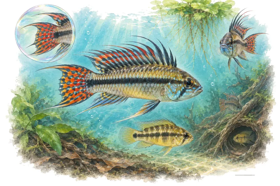 Aquarelle : Apistogramma d’Agassiz (Apistogramma agassizii) dans une eau turquoise lumineuse, avec une vue de trois quarts et un détail dans une bulle.