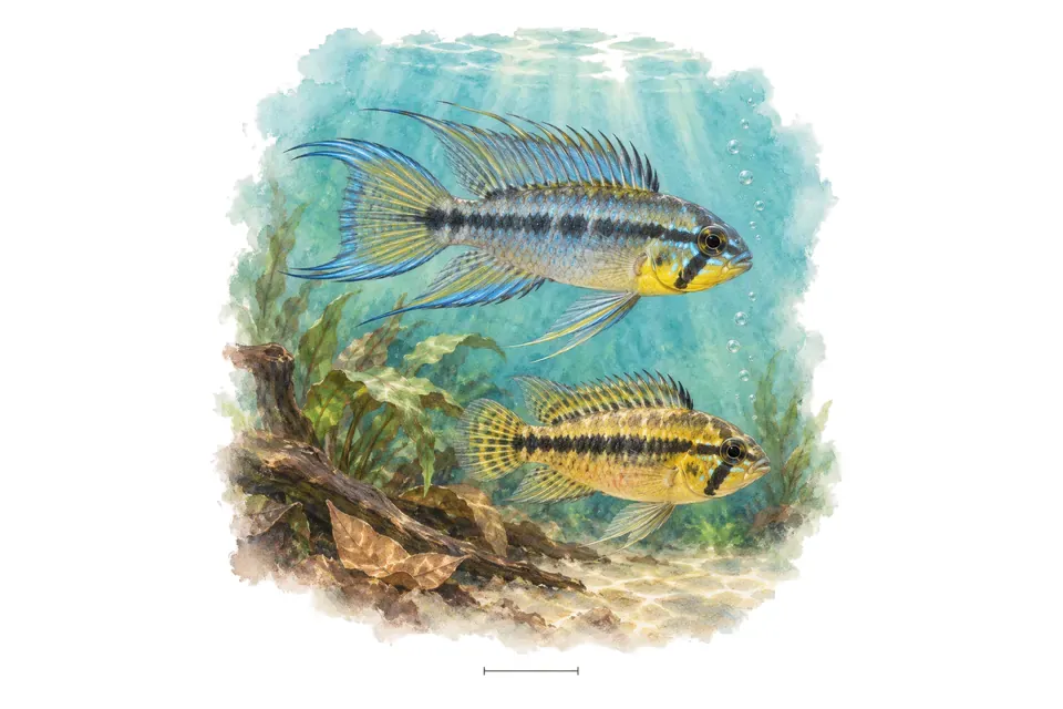 Aquarelle : Apistogramma de Borell, mâle et femelle l'un au-dessus de l'autre dans une eau turquoise.