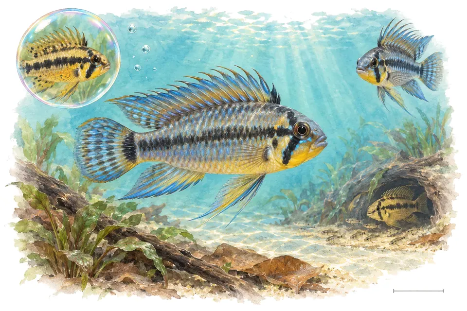 Aquarelle : Apistogramma de Borell (Apistogramma borellii) dans une eau turquoise lumineuse, avec une vue de trois quarts et un détail dans une bulle.