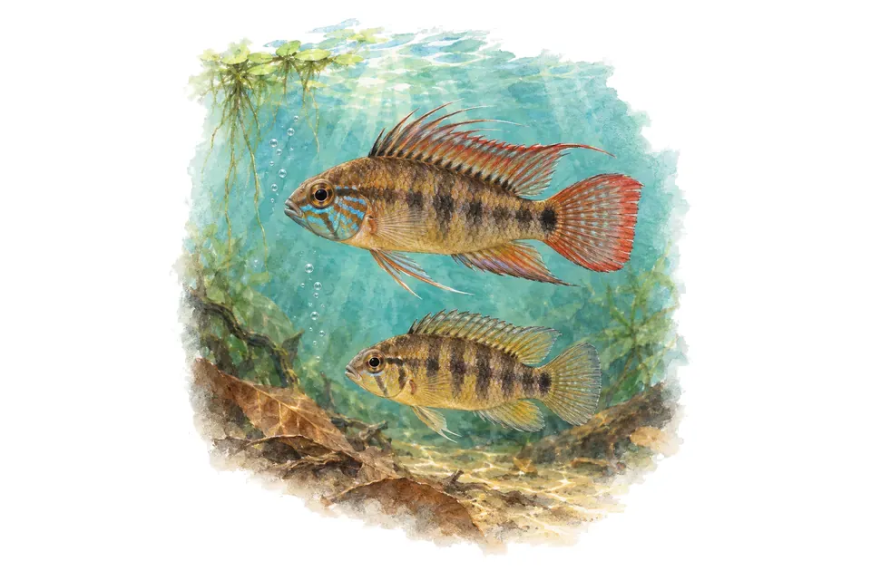 Aquarelle : Apistogramma eunotus, mâle et femelle l'un au-dessus de l'autre dans une eau turquoise.