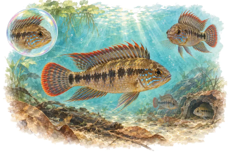 Aquarelle : Apistogramma eunotus (Apistogramma eunotus) dans une eau turquoise lumineuse, avec une vue de trois quarts et un détail dans une bulle.