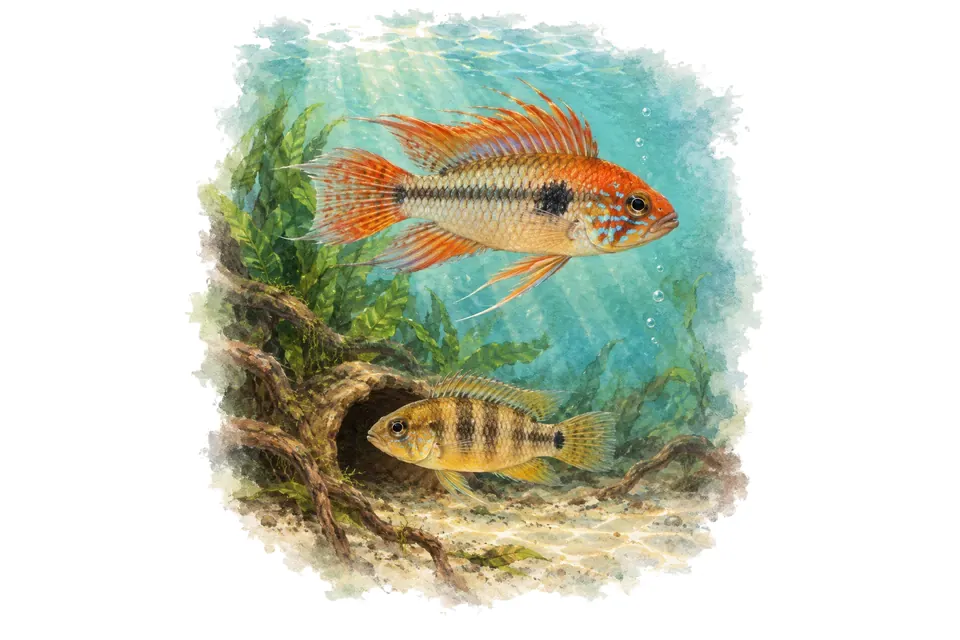 Aquarelle : Apistogramma de Hongslo, mâle et femelle l'un au-dessus de l'autre dans une eau turquoise.