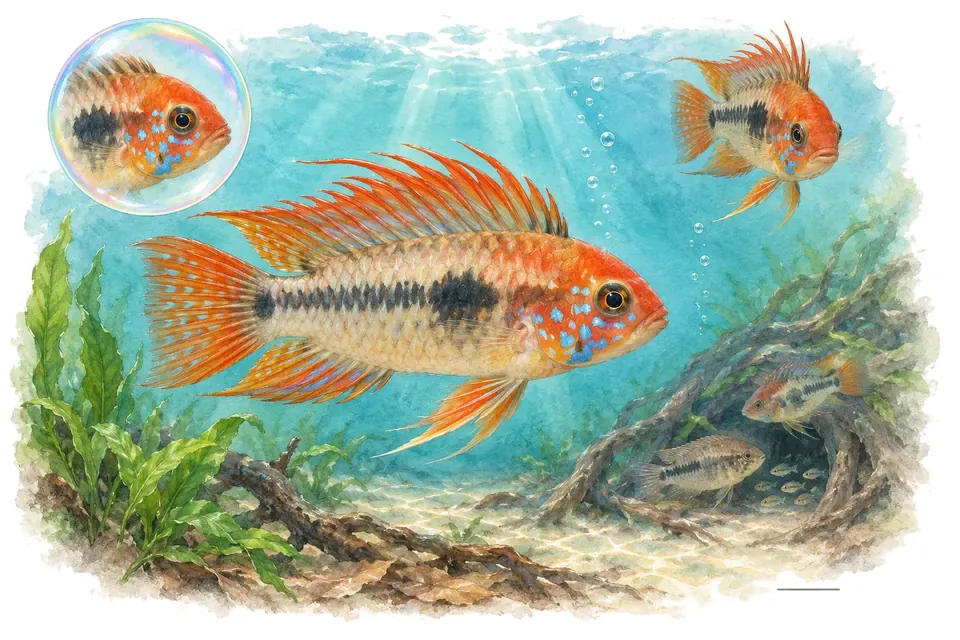 Aquarelle : Apistogramma de Hongslo (Apistogramma hongsloi) dans une eau turquoise lumineuse, avec une vue de trois quarts et un détail dans une bulle.