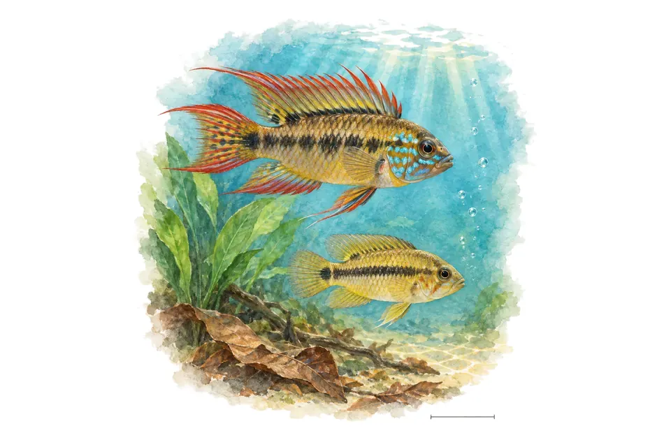Aquarelle : Apistogramma de Macmaster, mâle et femelle l'un au-dessus de l'autre dans une eau turquoise.