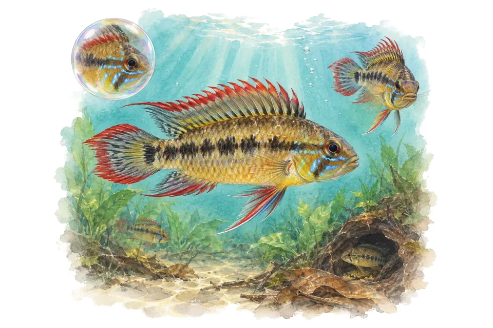 Aquarelle : Apistogramma de Macmaster (Apistogramma macmasteri) dans une eau turquoise lumineuse, avec une vue de trois quarts et un détail dans une bulle.