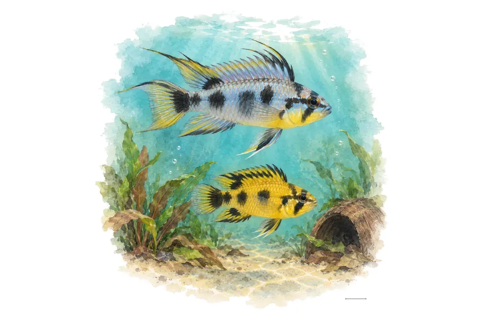 Aquarelle : Apistogramma de Nijssen, mâle et femelle l'un au-dessus de l'autre dans une eau turquoise.