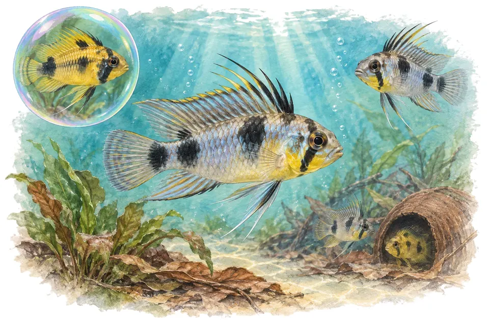 Aquarelle : Apistogramma de Nijssen (Apistogramma nijsseni) dans une eau turquoise lumineuse, avec une vue de trois quarts et un détail dans une bulle.