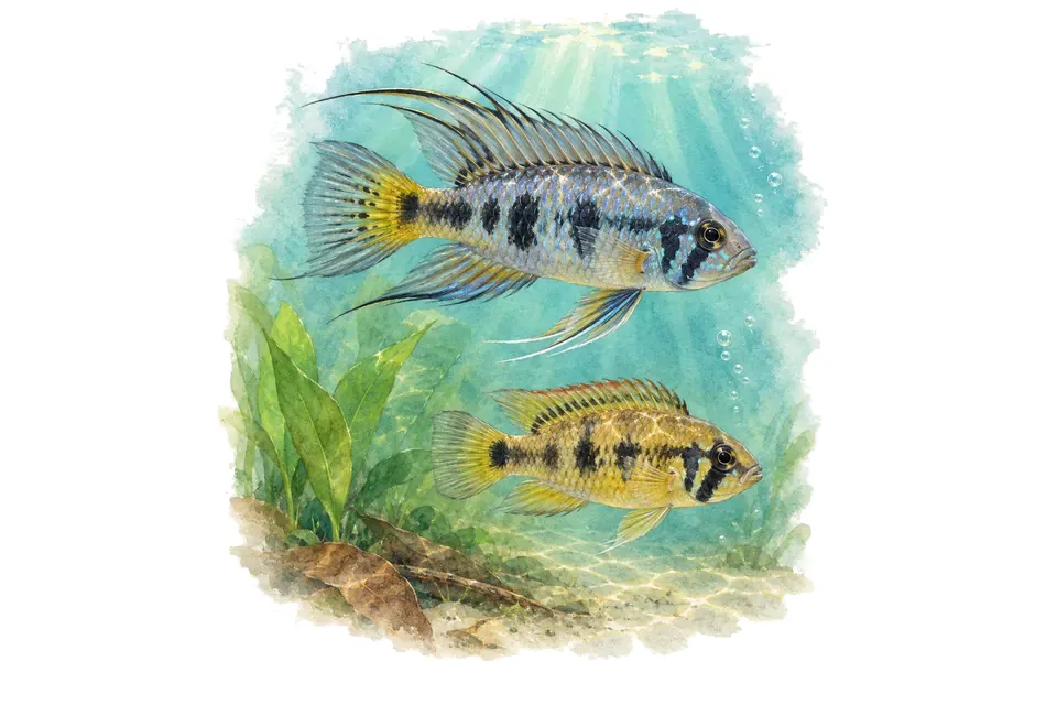 Aquarelle : Apistogramme panduro, mâle et femelle l'un au-dessus de l'autre dans une eau turquoise.