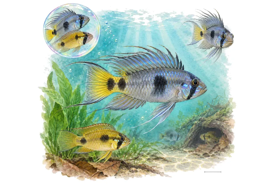 Aquarelle : Apistogramme panduro (Apistogramma panduro) dans une eau turquoise lumineuse, avec une vue de trois quarts et un détail dans une bulle.