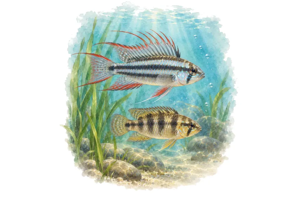 Aquarelle : Apistogramma à trois bandes, mâle et femelle l'un au-dessus de l'autre dans une eau turquoise.
