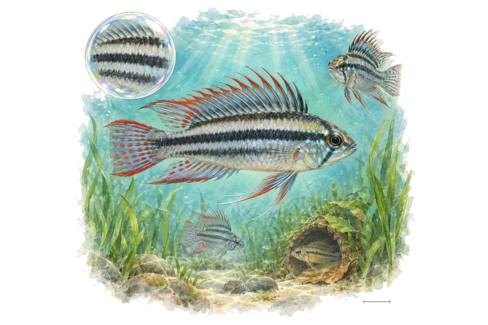 Aquarelle : Apistogramma à trois bandes (Apistogramma trifasciata) dans une eau turquoise lumineuse, avec une vue de trois quarts et un détail dans une bulle.