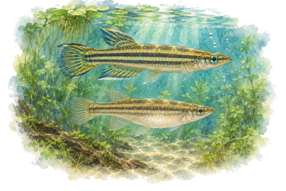 Aquarelle : Panchax rayé, mâle et femelle l'un au-dessus de l'autre dans une eau turquoise.