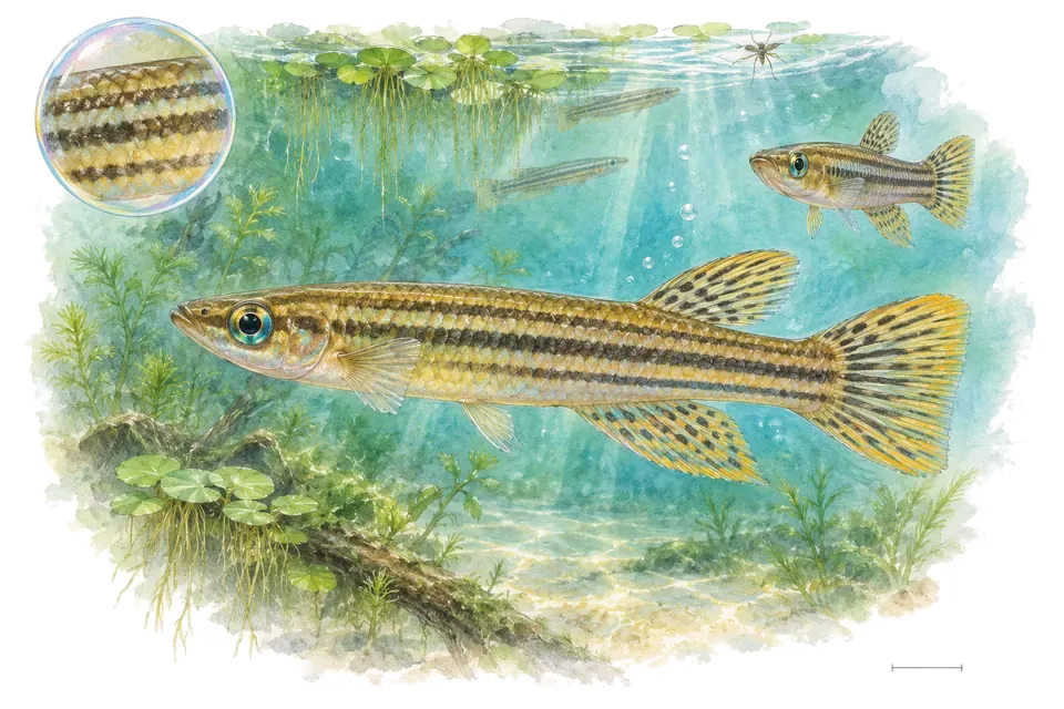 Aquarelle : Panchax rayé (Aplocheilus lineatus) dans une eau turquoise lumineuse, avec une vue de trois quarts et un détail dans une bulle.