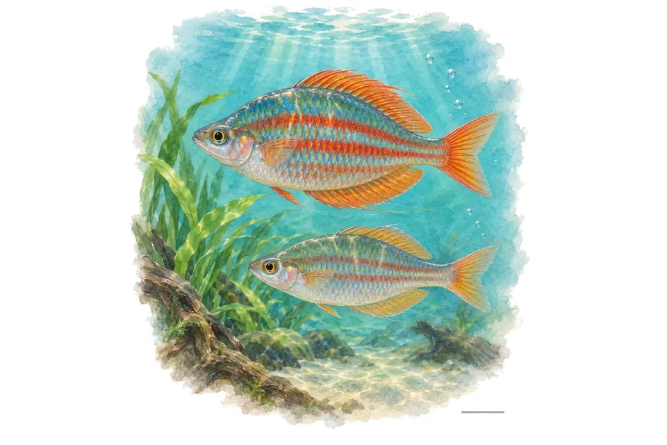 Aquarelle : Arc-en-ciel à bandes rouges, mâle et femelle l'un au-dessus de l'autre dans une eau turquoise.