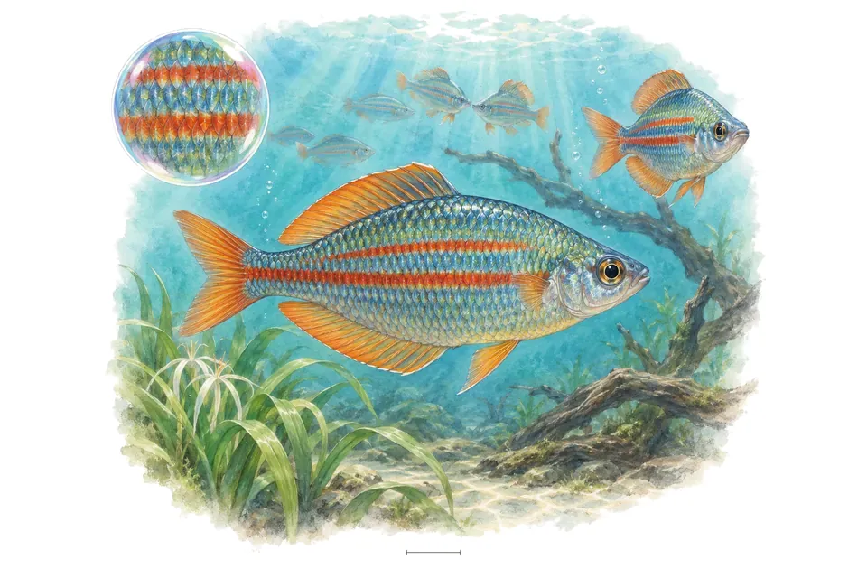 Aquarelle : Arc-en-ciel à bandes rouges (Melanotaenia trifasciata) dans une eau turquoise lumineuse, avec une vue de trois quarts et un détail dans une bulle.