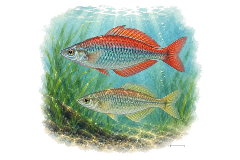 Aquarelle : Arc-en-ciel à dos rouge, mâle et femelle l'un au-dessus de l'autre dans une eau turquoise.