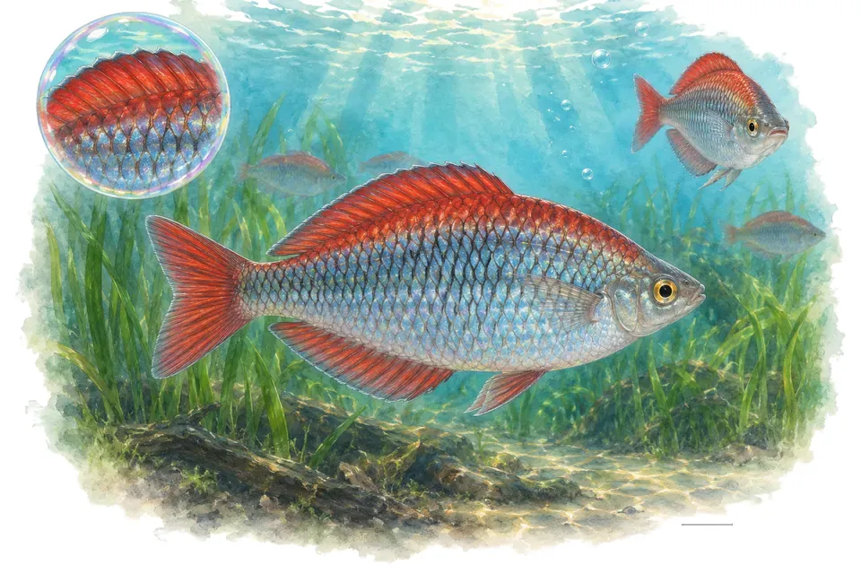 Aquarelle : Arc-en-ciel à dos rouge (Glossolepis pseudoincisus) dans une eau turquoise lumineuse, avec une vue de trois quarts et un détail dans une bulle.