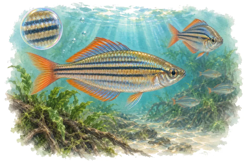 Aquarelle : Arc-en-ciel à six bandes (Melanotaenia sexlineata) dans une eau turquoise lumineuse, avec une vue de trois quarts et un détail dans une bulle.