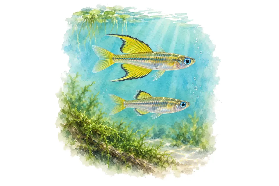 Aquarelle : Arc-en-ciel bleu-yeux de Signifer, mâle et femelle l'un au-dessus de l'autre dans une eau turquoise.