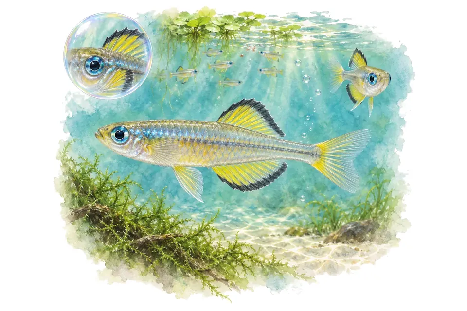 Aquarelle : Arc-en-ciel bleu-yeux de Signifer (Pseudomugil signifer) dans une eau turquoise lumineuse, avec une vue de trois quarts et un détail dans une bulle.